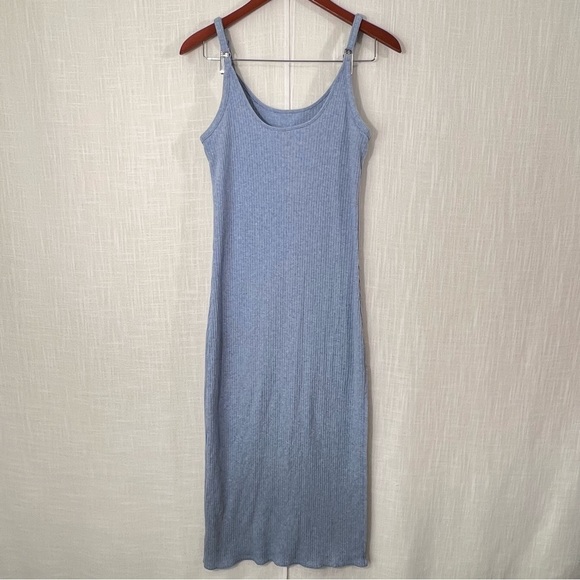 American Eagle Ribbed Stretch Knit Side Slit Soft Blue Bodycon Maxi Dress Size S - Picture 1 of 12